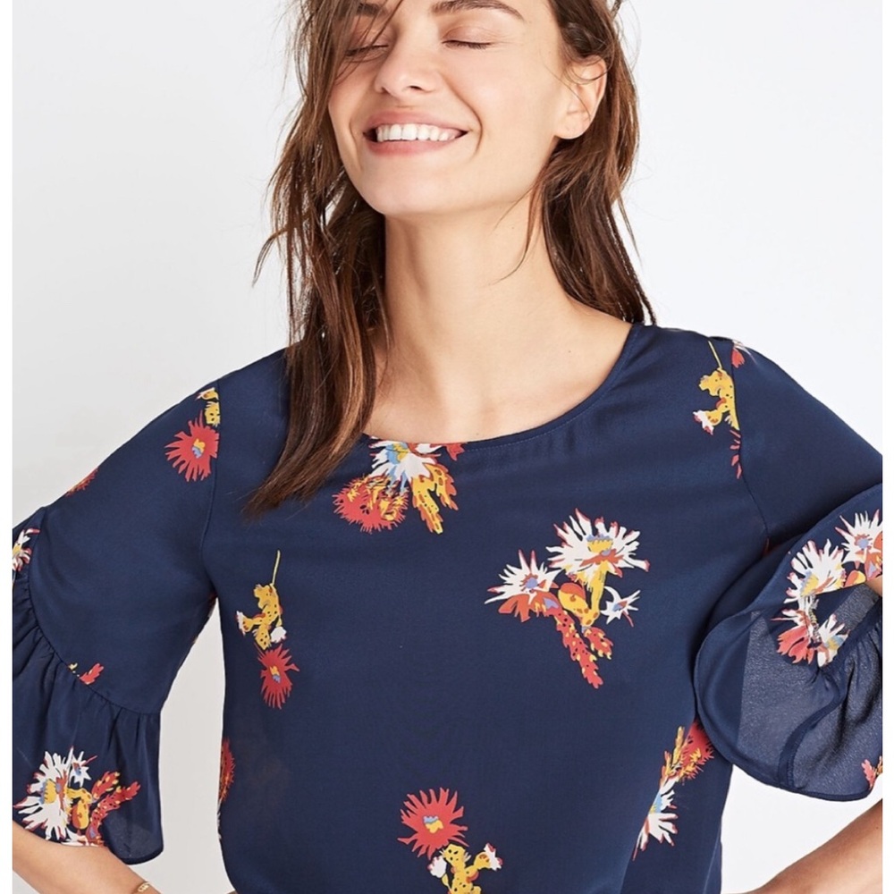 Madewell silk ruffle sleeve blouse in cactus flower